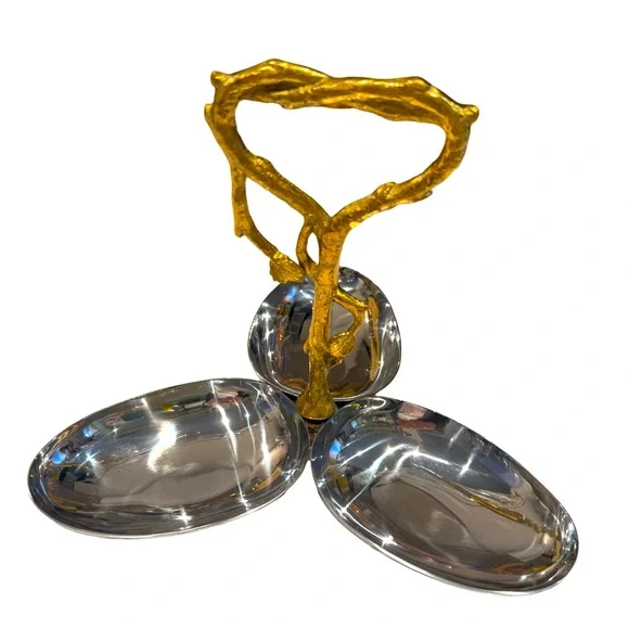 New Stainless steel candy dish 3 section with brass flower handle - Picture 1 of 8